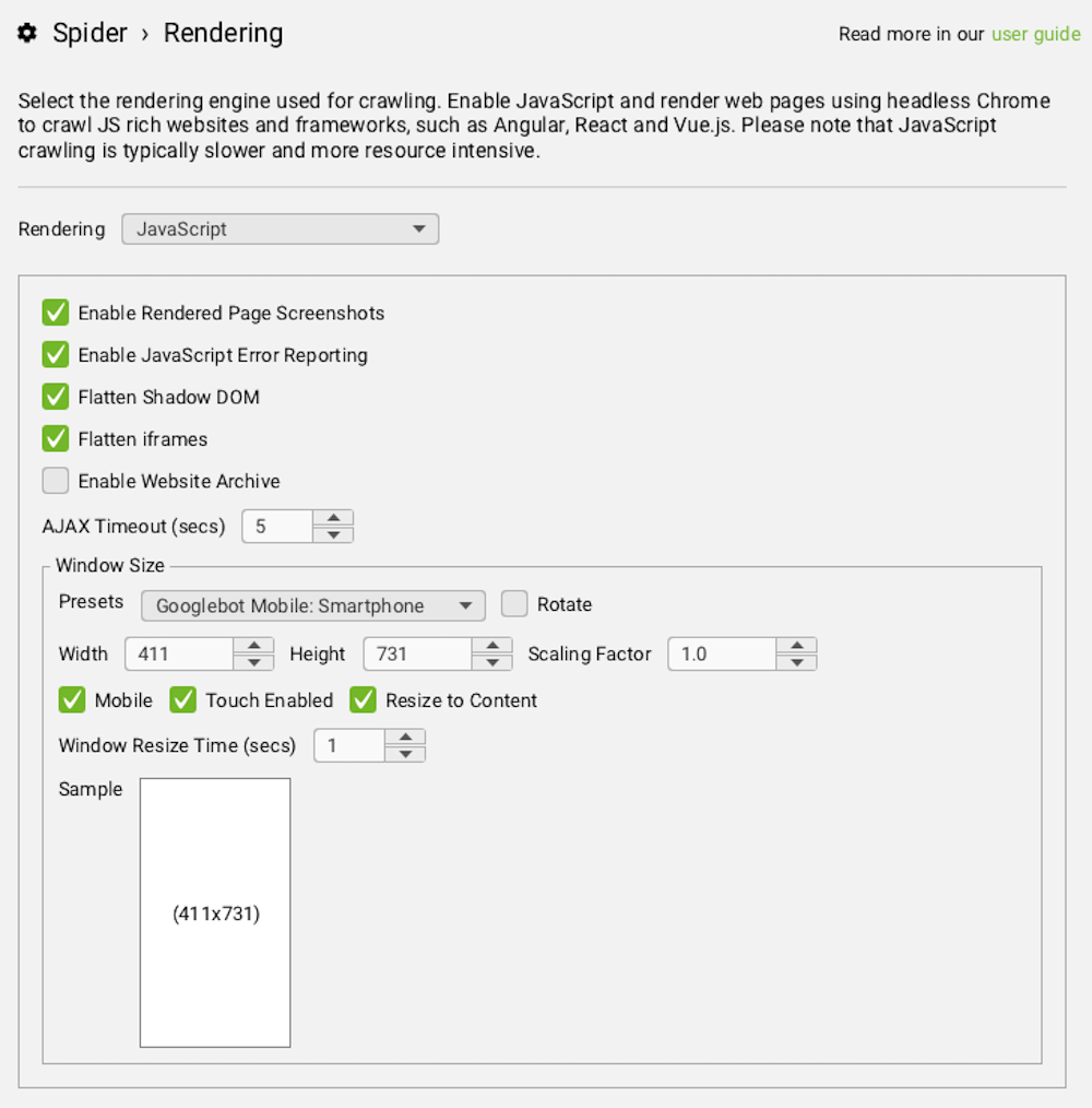 Screenshot of JavaScript rendering settings in Screaming Frog Spider configuration.