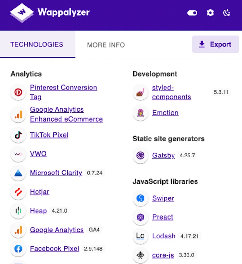 Screenshot of the technologies tab of the Wappalyzer browser extension.