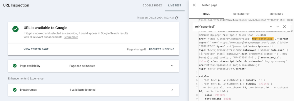 Screenshot of searching the rendered HTML for the canonical tag via the View Tested page function in Search Console URL inspection.