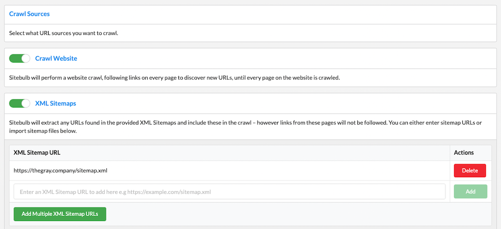 Screenshot of adding an XML sitemap to Crawl Sources in Sitebulb.