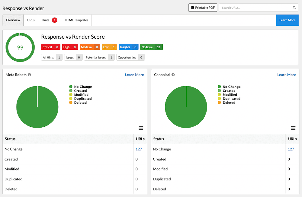 Screenshot of ‘Response vs Render’ report in Sitebulb crawl tool.