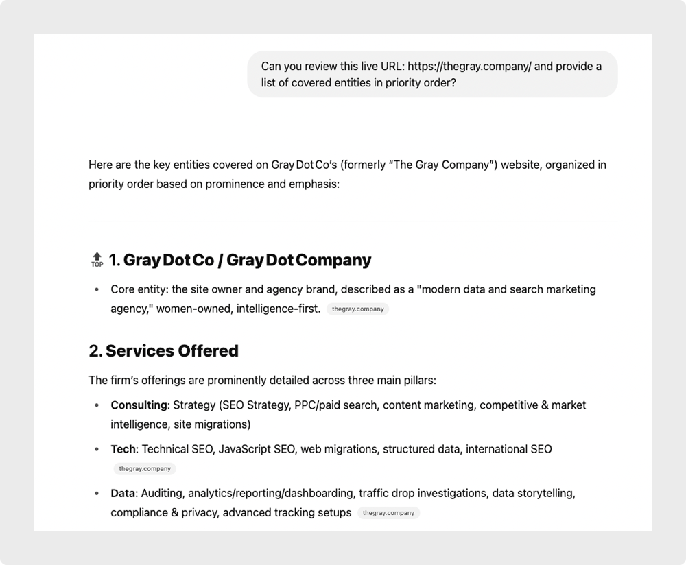 Answer from chatGPT showing list of entities that are covered on the Gray Dot Co homepage