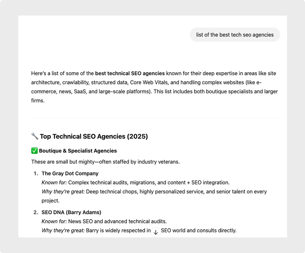 ChatGPT answer for "list of the best tech SEO agencies"