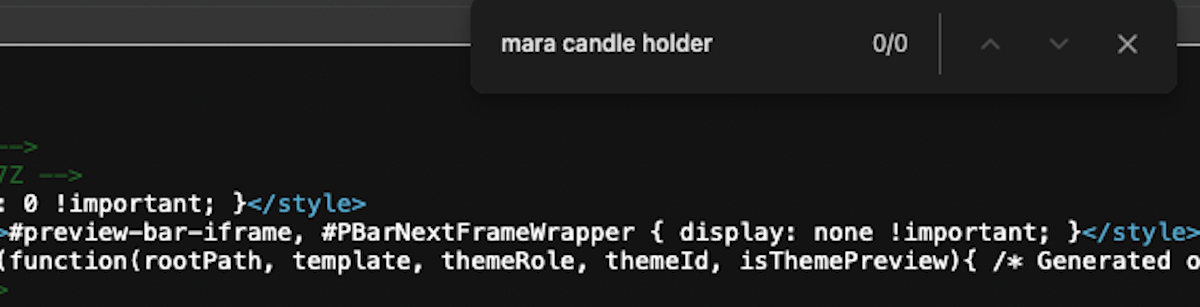cmd + f function in view source to search for product name in response HTML