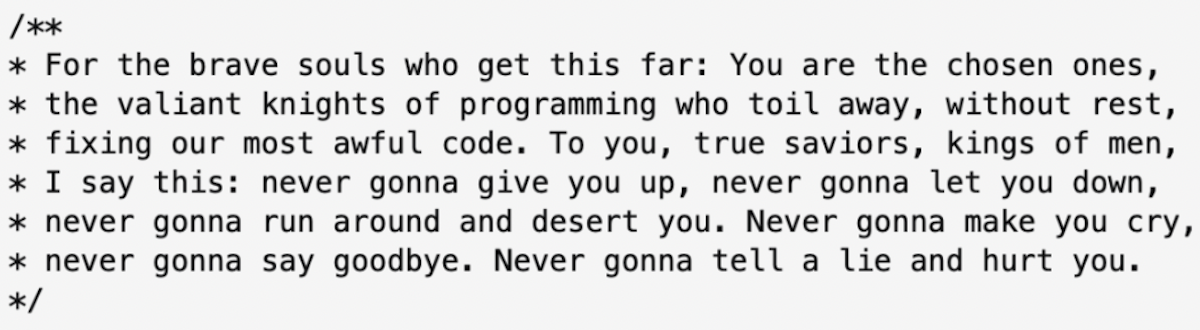 Rick Astley lyrics in a silly code comment from a developer