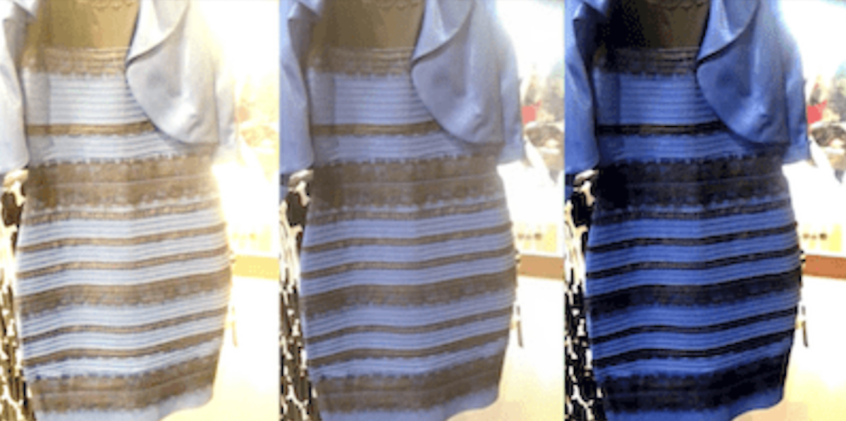 decorative image of "the dress" meme, showing the different ways users saw the same dress - much like marketing and engineering can look at the same problem in a very different way