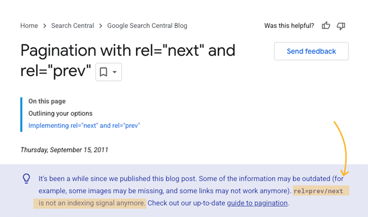 rel=next/prev deprecation documentation from Google