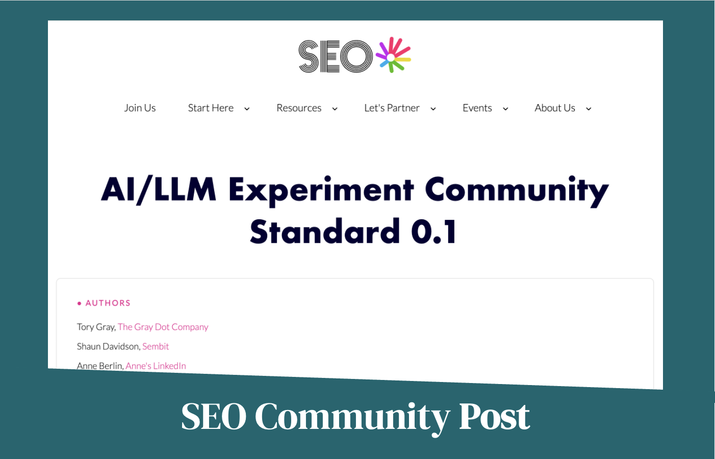 Webpage about AI/LLM Experiment Community Standard 0.1, showing SEO logo and navigation menu, with authors listed below including Tory & Anne