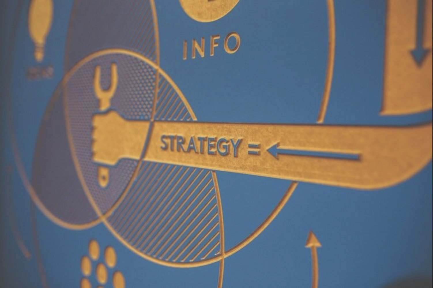 decorative image of mustard yellow graphics and words on a brillant blue background. Featured words include "info" and "strategy"