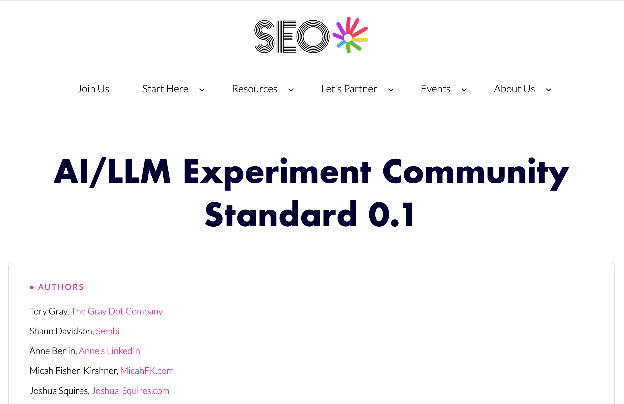 Webpage titled "AI/LLM Experiment Community Standard 0.1" with author names and affiliations listed