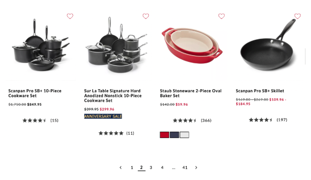 first few then last pagination UI on cookware listing page at surlatable.com