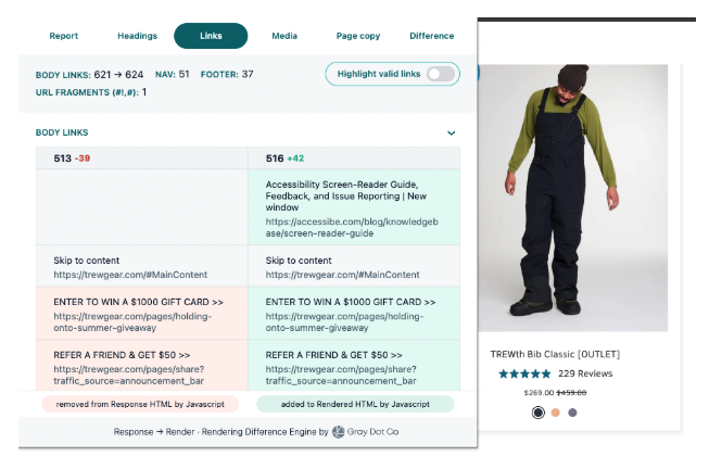 rendering difference engine chrome extension shows response vs rendered HTML on trew.com listing page