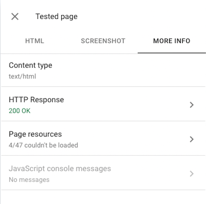 Screenshot of the "More Info" tab of a Live Test in GSC's Inspect URL tool functionality