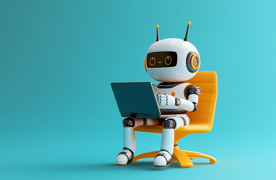 cute robot sitting in yellow chair working on laptop