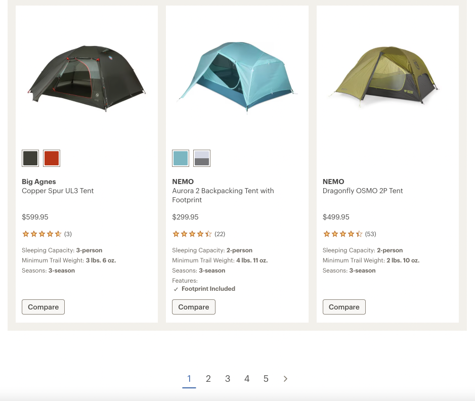Traditional pagination UI on backpacking tent listing page at rei.com
